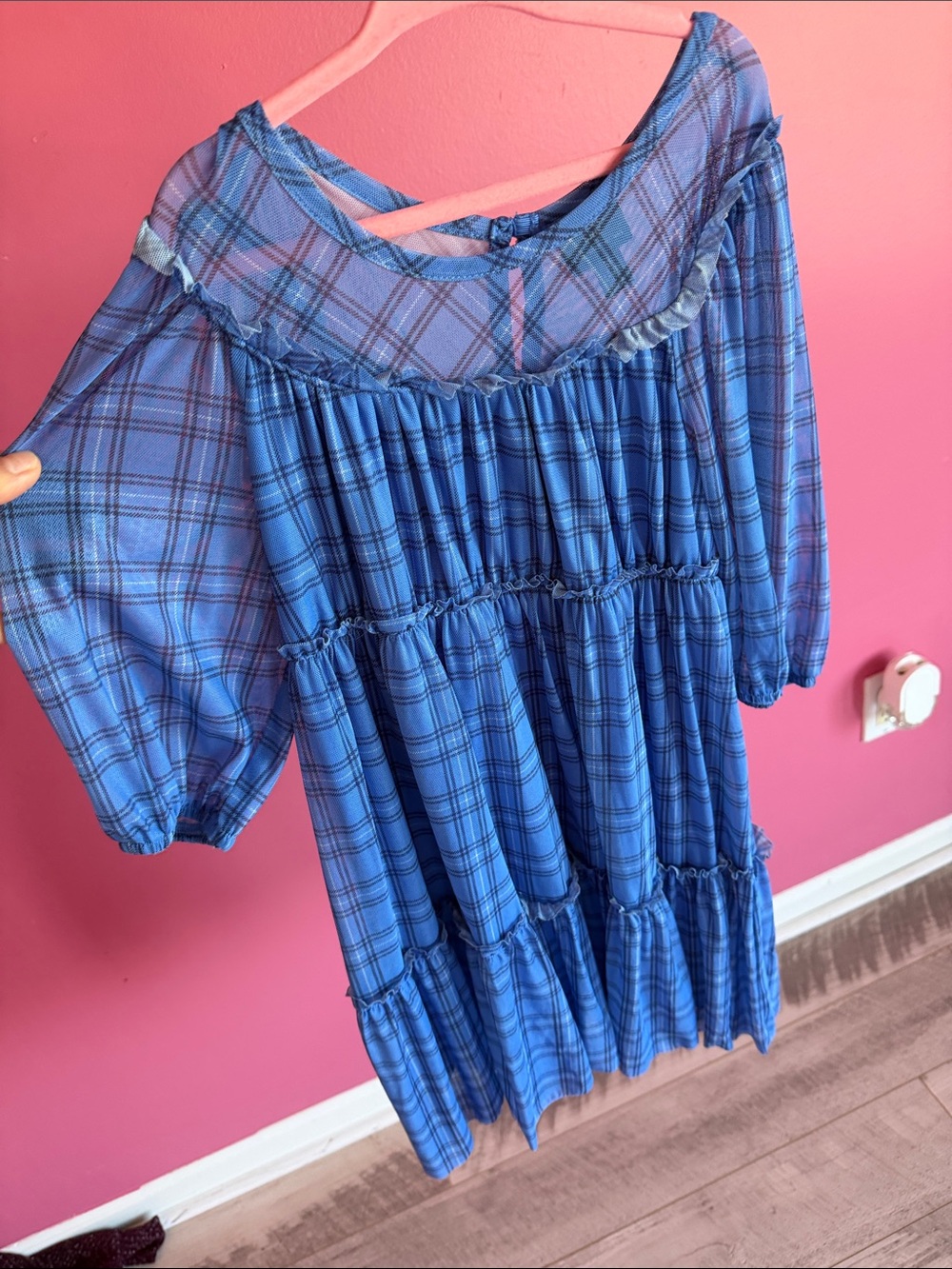 Girls Blue Plaid Tiered Dress